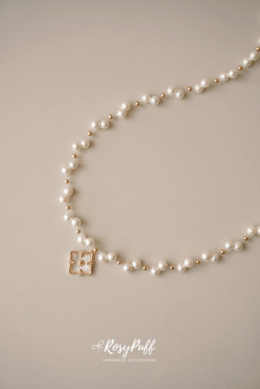 Velvet Braided Pearl In Gold Necklace