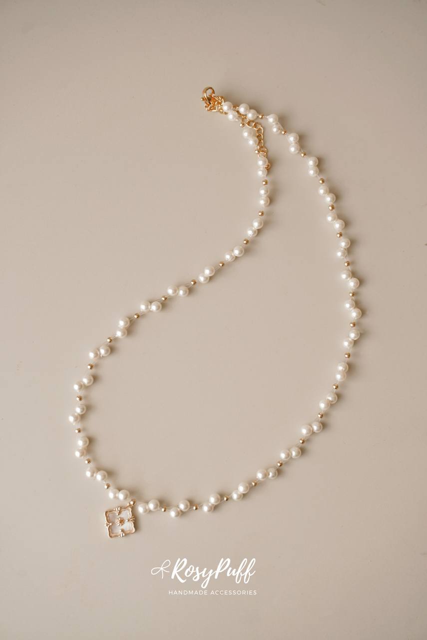 Velvet Braided Pearl In Gold Necklace