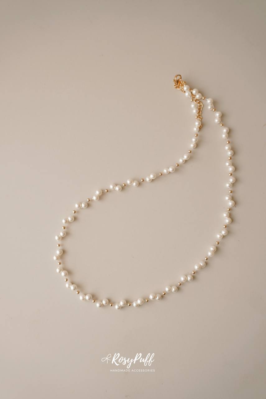 Velvet Braided Pearl In Gold Necklace