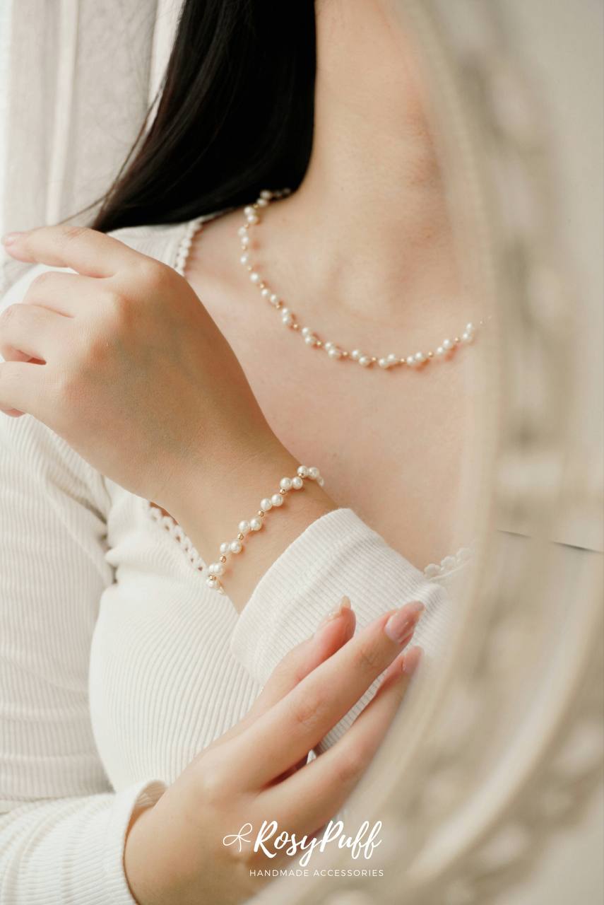 Velvet Braided Pearl In Gold Necklace