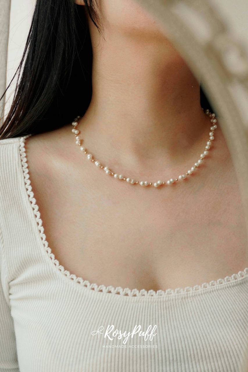 Velvet Braided Pearl In Gold Necklace