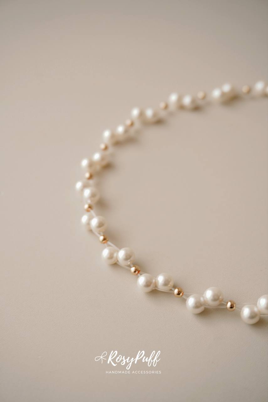 Velvet Braided Pearl In Gold Necklace